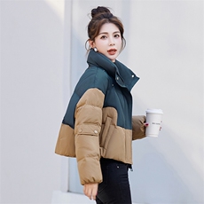 撞色立领羽绒服女短款2023冬季新款小个子加厚针织披肩面包服外套，女装羽绒服，众宇琦