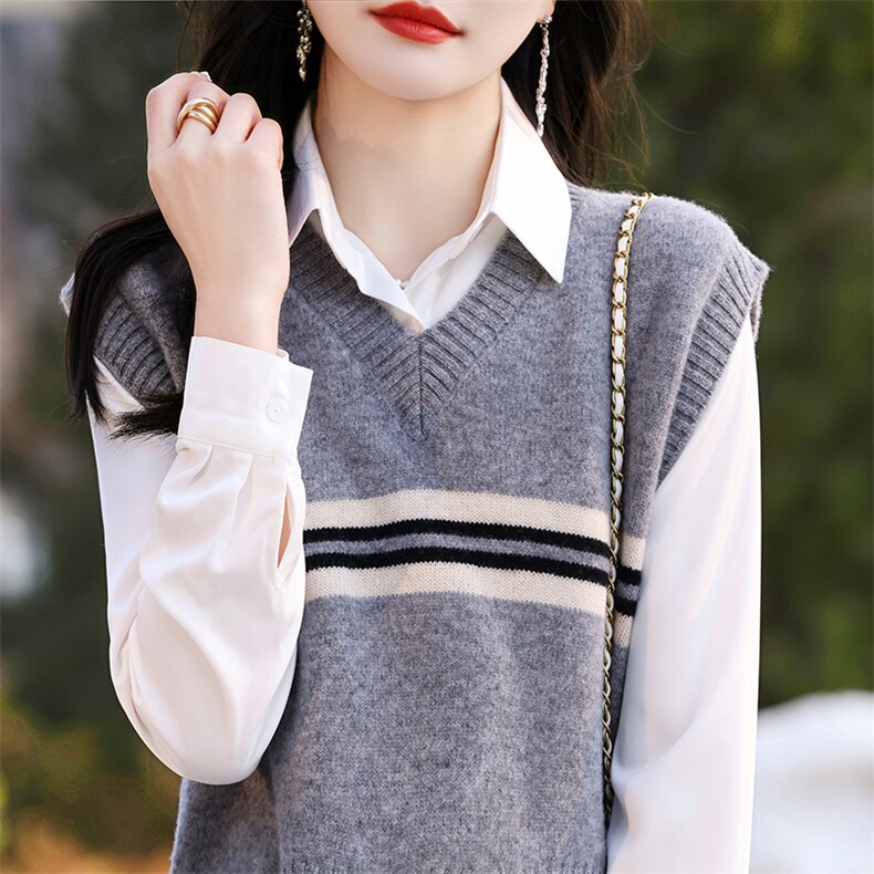 羊毛复古撞色条纹V领针织马甲背心女无袖毛衣学院风打底坎肩潮,女装马甲,哲奥羊绒