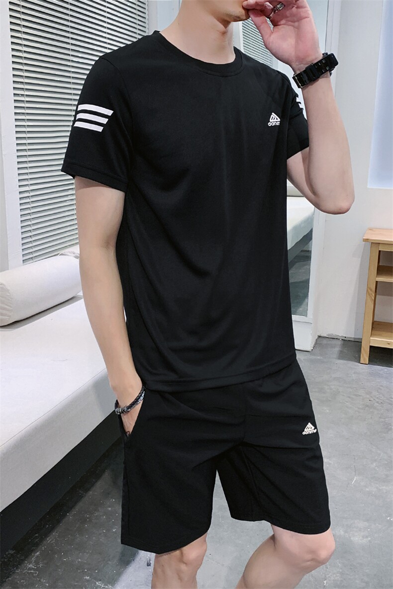 2021夏季新款圆领短袖T恤男短裤运动套装两件套A438-018,男装休闲套装,电商A438
