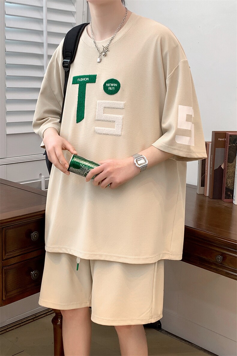 2024夏上新潮毛巾绣时尚半袖套装纯色圆领T恤男女6635-P60控价88,男装T恤,电商A441-1