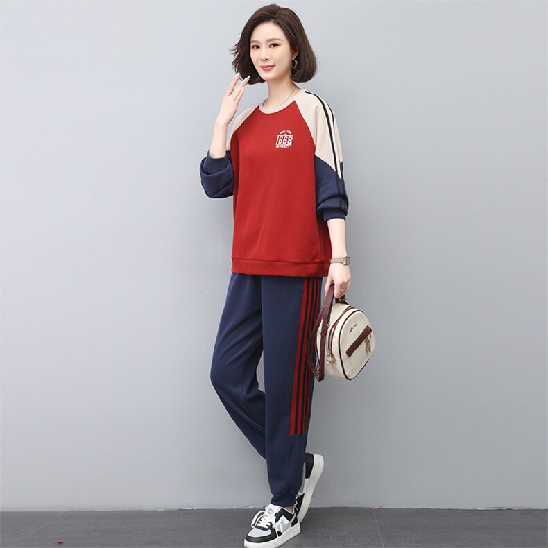 春秋新款韩版宽松大码显瘦两件套复古拼色休闲运动套装女,女装套装/套裙,忆绮罗