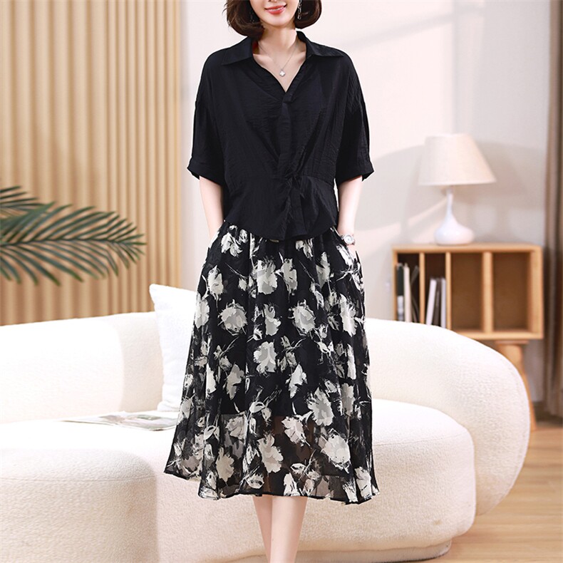 2023夏装新款V领纯色上衣两件套,女装套装/套裙,梦芯尔