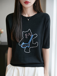 夏季精纺羊毛针织短袖女圆领猫咪刺绣上衣宽松薄款半袖T恤打底衫图片