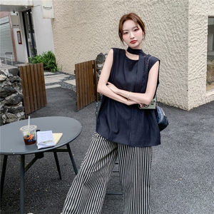 2025夏季新款女韩版时尚气质百搭显瘦无袖背心条纹阔腿裤两件套图片