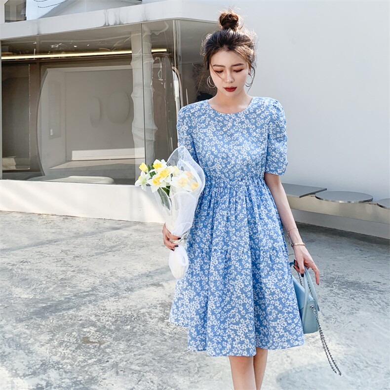 碎花甜美浪漫连衣裙女2025年夏季新款显瘦圆领短袖度假碎花裙,女装连衣裙,2C229