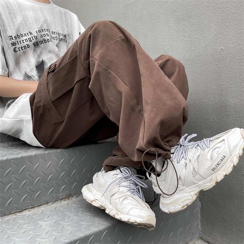 港风夏款男裤工装拉链大口袋抽绳束脚宽松长裤h845 P55图片