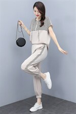 大量现货2023新款时尚印花拼接醋酸连帽修身显瘦套装图片