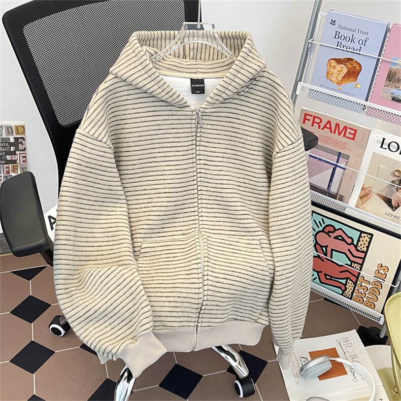 得物品质秋冬款男女连帽开衫卫衣条纹宽松运动外套WY6P75，女装短外套，星座1013-1