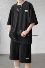 XZ213-TZ03-P75控88港风大码纯色贴布短袖T恤+短裤休闲两件套，男装牛仔裤，星座213
