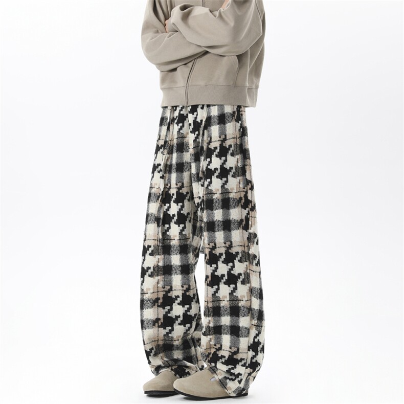 复古羊毛千鸟格裤子男秋冬季高腰宽松阔腿毛呢格子裤D595/P55，男装休闲裤，星座206（原A221）