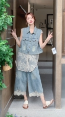 韩版蕾丝拼接牛仔马甲阔腿裤套装女2025夏季新款度假风显瘦两件套，女装套装/套裙，2C316