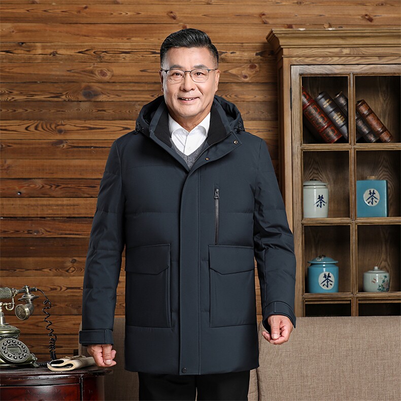 中老年羽绒服男士中长款加厚防寒中年休闲白鸭绒连帽可脱卸外套，男装羽绒服，钱塘6003（原4033）
