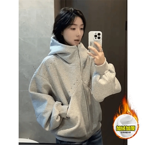 480G重磅加绒硬挺boxy 男女秋冬美式高街卫衣铆钉拼接开衫厚外套图片