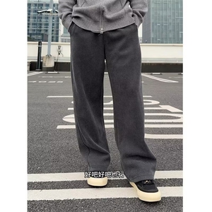 秋冬慵懒风斜条纹加绒阔腿休闲裤男潮牌宽松显瘦垂感拖地直筒长裤图片