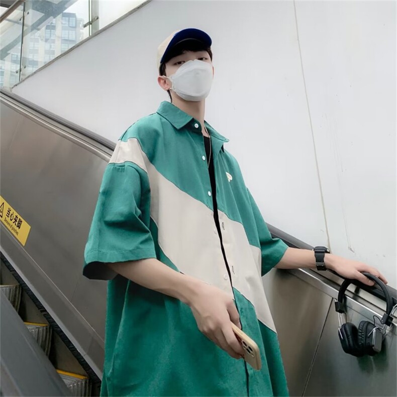 日系ins复古休闲短袖衬衫男夏季新款潮牌宽松工装衬衫W3391-P30,男装衬衫,星座512-2