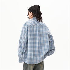 BWKA蓝色格子防晒衬衫女男2025春夏季潮牌古巴领衬衣宽松休闲外套，男装衬衫，星座1210-1