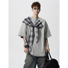 T10128-特批32控58曼巴棉大码撞色拼接个性小众T恤短袖潮，男装T恤，电商A059