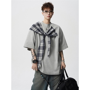 T10128-特批32控58曼巴棉大码撞色拼接个性小众T恤短袖潮,瘦高个男生穿搭夏季休闲风图片