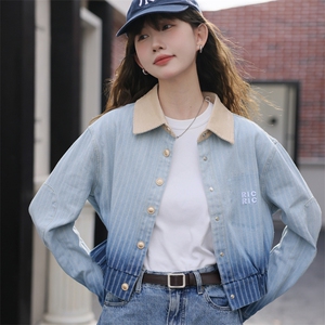 现货可推2024秋装新款水洗渐变复古休闲百搭条纹牛仔外套女图片