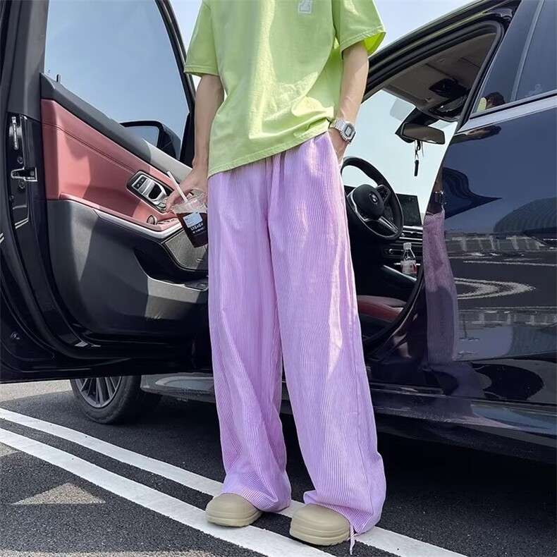 港风条纹休闲裤男女穿搭设计感宽松垂感直筒阔腿拖地长裤HJ11/P42,男装休闲裤,星座506