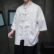 现货男士大码新中式提花竹叶小鸟花缎面短袖衬衫T2561-P65，男装衬衫，电商A021