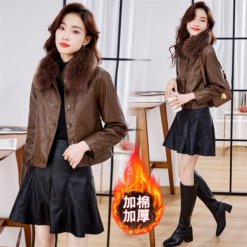 欧洲站皮衣外套女2023年冬季新款带狐狸毛领时尚洋气百搭短款上衣，女装皮衣，潮流依族