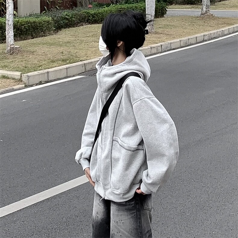 抖音得物高品质秋冬美式高街重磅结构辑明线纹理连帽卫衣外套W111,男装卫衣,电商A486