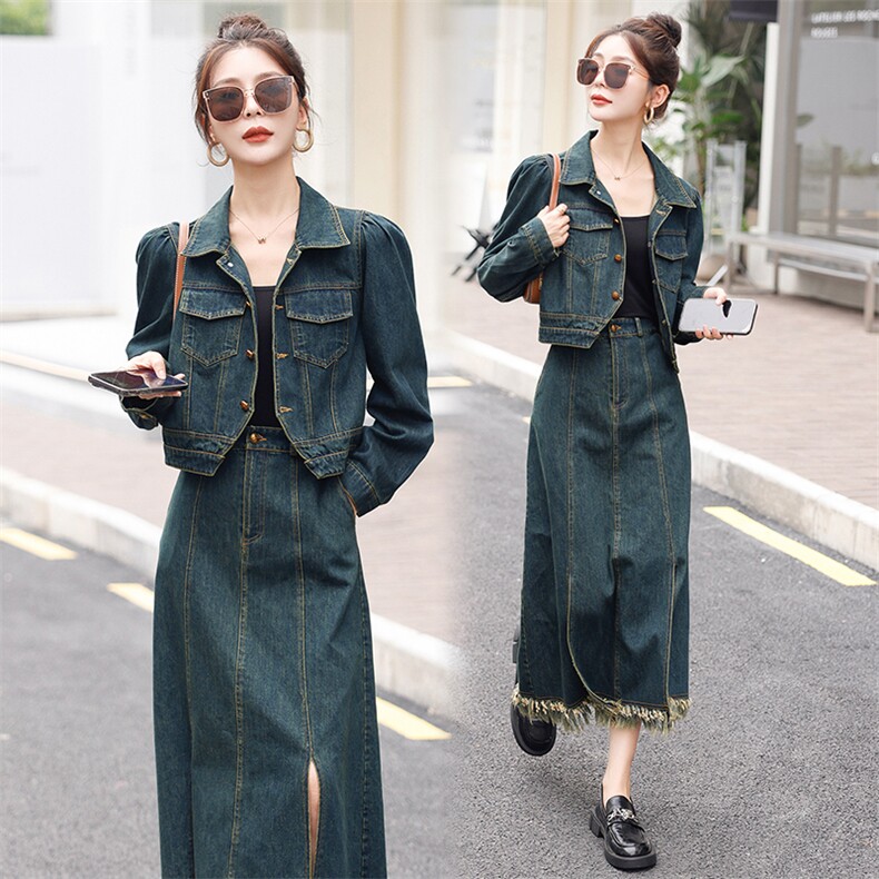 时尚春季新款牛仔套装裙女显瘦修身气质长裙两件套，女装套装/套裙，秋水欣儿