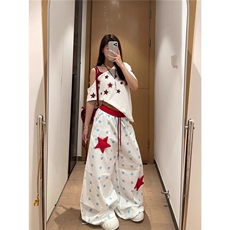 美式星星休闲裤女新款宽松显瘦百搭轻薄阔腿裤K6591-P42，男装休闲裤，星座412-1