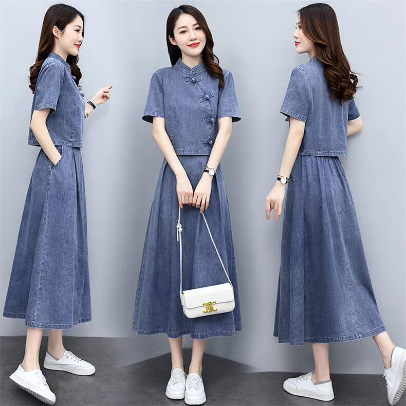 天丝牛仔连衣裙女夏季2024新款两件套洋气减龄套装裙宽松大码套装，女装套装/套裙，关键词