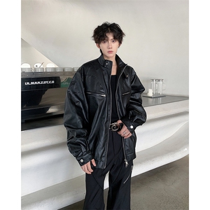 2024新美式复古拉链pu皮衣夹克高级感机车外套青年现货W8334-P72图片