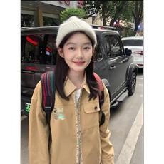 卡其色刺绣短款外套女秋季美式复古设计感正肩运动夹克翻领棒球服，男装夹克，星座506A