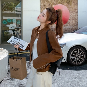美拉德棕色麂皮绒短外套女秋季2025新款小个子复古炸街上衣夹克图片