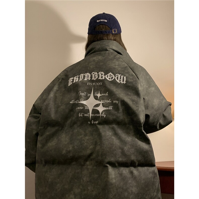 中性风PU皮复古做旧可拆卸四芒星胸针设计棉衣男MY77721P128控168，男装棉衣，星座227-7