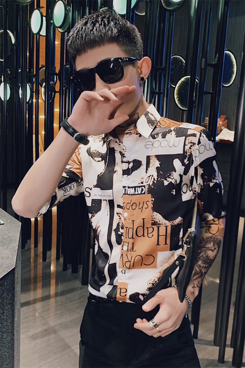 312A-237-P55新款社会小伙中袖衬衫韩版潮流男士五分袖衬衣B,男装T恤,星座312A-5