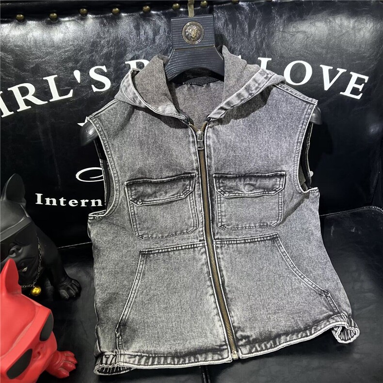 网图连帽牛仔马甲男士潮牌夏季复古宽松机车拉链帅气背心外套，男装背心/马甲，星座410-7