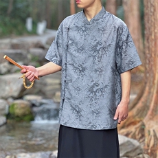 男士风新中式立领衬衫棉麻竹叶印花短袖T恤上衣CS35-P65-控88，男装T恤，电商A021