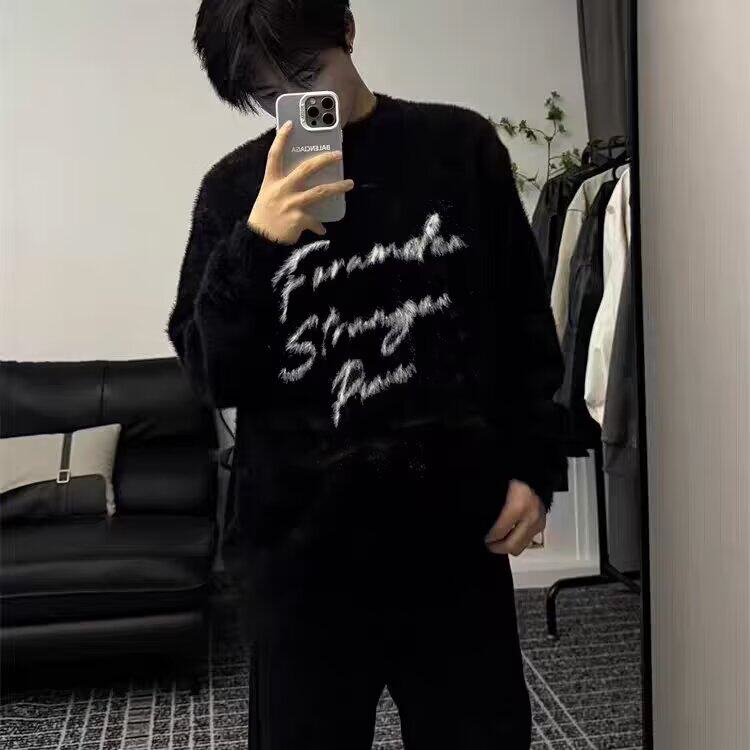 美式字母提花毛衣女秋冬马海毛宽松慵懒风涂鸦长袖套头上衣YTM102，男装针织衫/毛衣，星座208-5