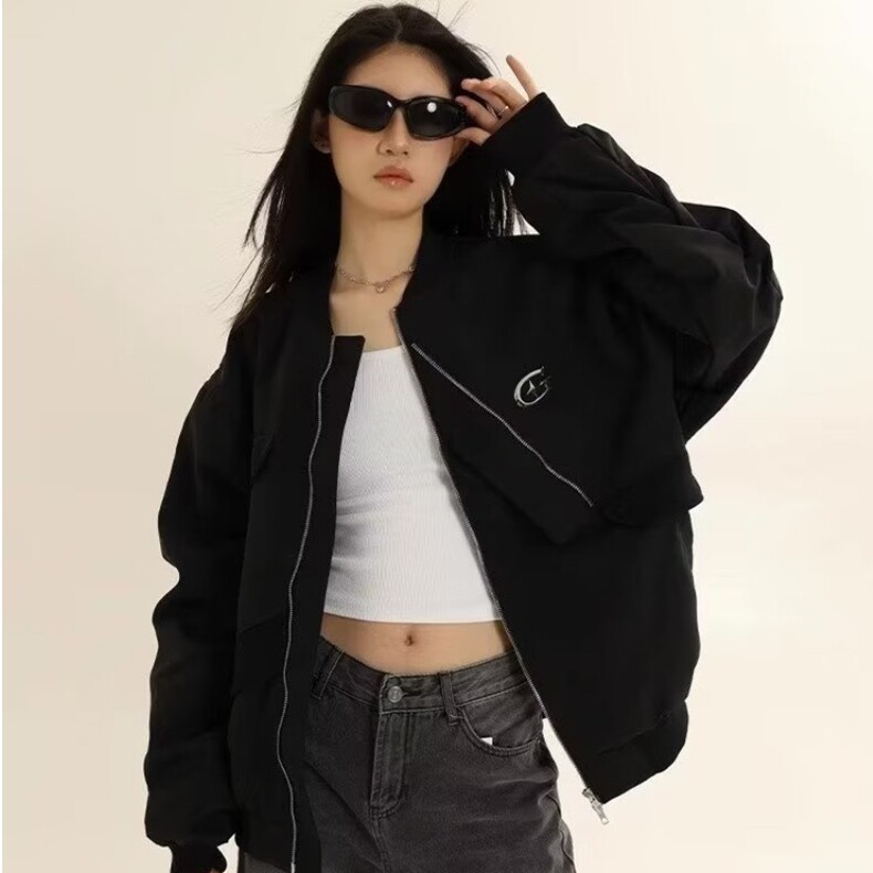 港风复古铁标设计感外套女秋季新款飞行服夹克棒球服工装情侣上衣，女装风衣，星座218-8