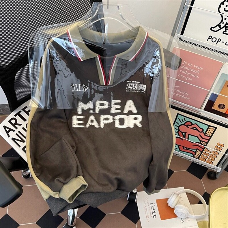 麂皮绒POLO领卫衣男2024冬季宽松bf美式潮学院风上衣WB381-P49，男装卫衣，星座412-2