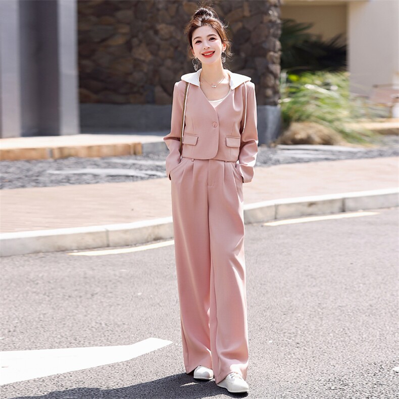 粉色休闲西装套装女春秋气质御姐高级感2025新款时尚阔腿裤两件套,女装套装/套裙,意芙