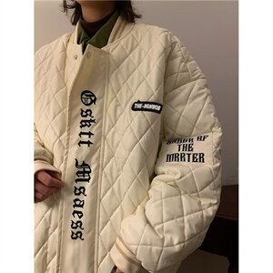 翻领菱形格刺绣PU皮棒球服PU皮棉服拉链仿皮青少年潮纯色Y6581图片