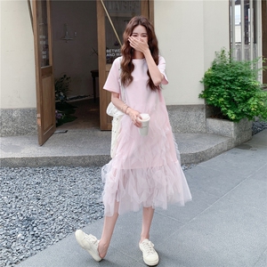 网纱拼接粉色T恤连衣裙女夏2025新款气质重要场合巨好看裙子甜美图片
