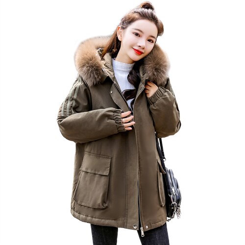 现货秒发胖妹妹200斤时尚加绒派克外套休闲宽松保暖大毛领派克服图片