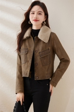 复古磨砂加绒小皮衣女修身短款2024冬季新款配毛领机车服pu皮夹克，女装棉衣/棉服，潮流依族