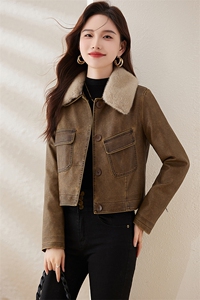 复古磨砂加绒小皮衣女修身短款2024冬季新款配毛领机车服pu皮夹克图片