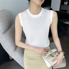 18针精纺扬子纱100羊毛圆领针织背心女宽松显瘦通勤无袖打底衫薄，女装背心吊带，玖雪绒羊绒