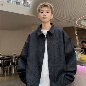 特批P40无差价秋季设计感压褶裂纹长袖衬衫男潮痞帅衬衣外套C2547图片