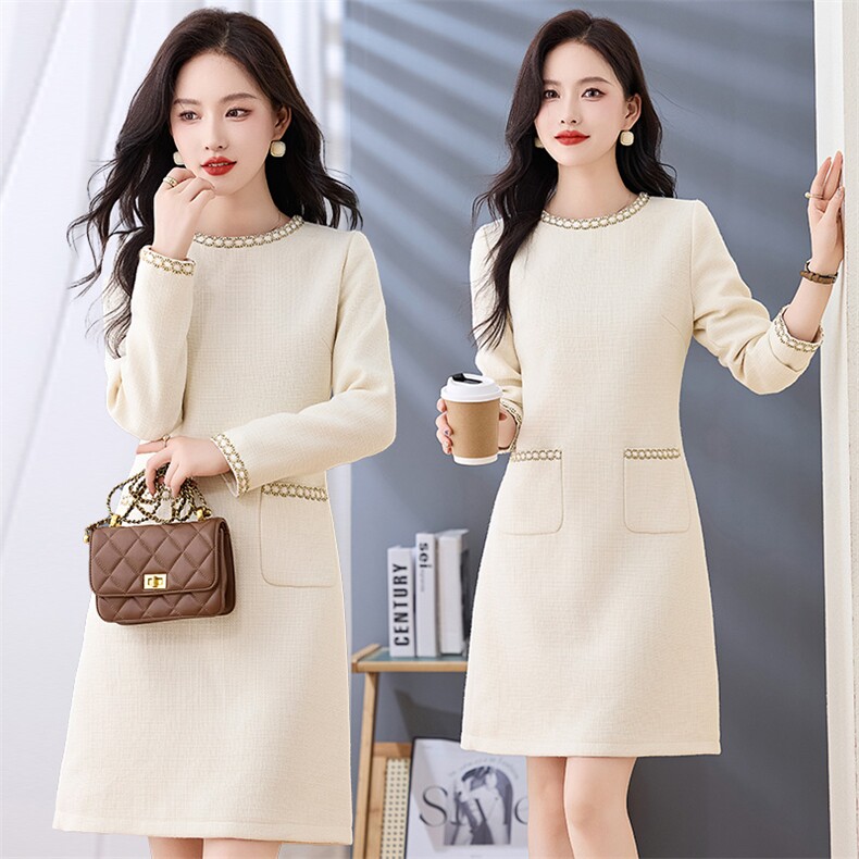 原创品牌旗舰店新款气质v领钉珠连衣裙女春秋款洋气显瘦裙子，女装连衣裙，姿衣坊