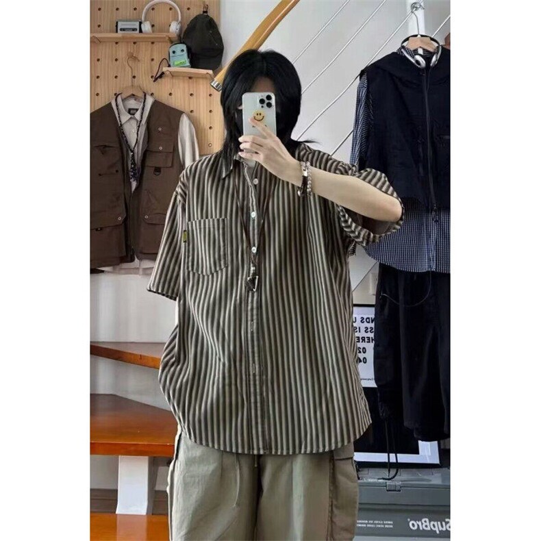 复古条纹五分短袖衬衫男夏季高级感日系翻领宽松休闲半袖T恤,男装T恤,星座506A